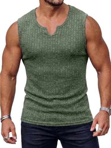 JEMLDL Men's Sleeveless Tank Tops Knit Ribbed V Neck Casual Summer Muscle Shirts Athletic Tee Army Green XL - Image 1