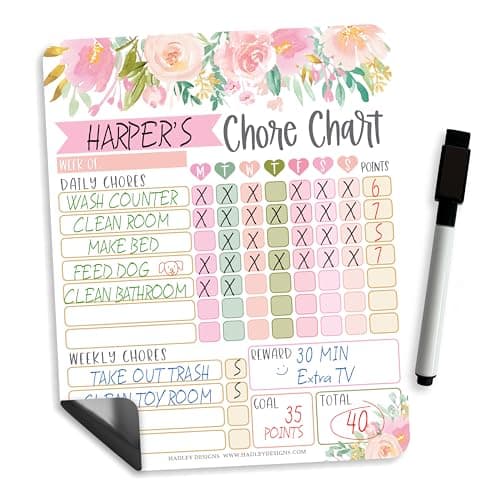 Hadley Designs Magnetic Chore Chart for Kids – Reward Chart for Kids, Dry Erase Responsibility Board for Children at Home, Fridge Behavior Tracker for Daily & Weekly Tasks, Floral Toddler Chore Board