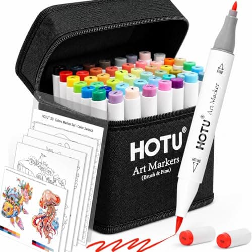 HOTU Beginner's Choice 50 Colors Alcohol Markers with 4 Coloring Cards, Brush & Fine Tip Art Marker Set for Artists, Adult Coloring, with Non-Bleeding Pad - Image 1
