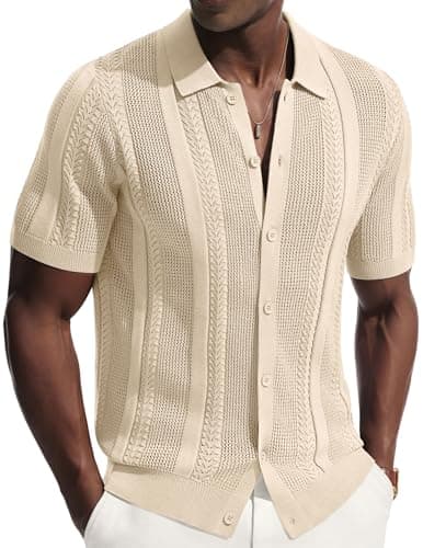 PJ PAUL JONES Men's Knit Shirts Short Sleeve Button Down Polo Shirt Fashion Casual Summer Soft Hollow Out Beach Shirts Beige M - Image 1