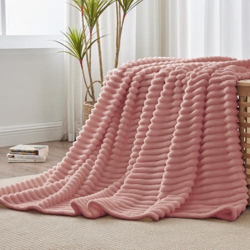 BEDELITE Twin Blanket for Couch & Bed, 300GSM Soft & Warm Fleece Blanket, Decorative and Giftable Striped Dusty Pink Blankets for Women, Men, 60"x80" - Image 1