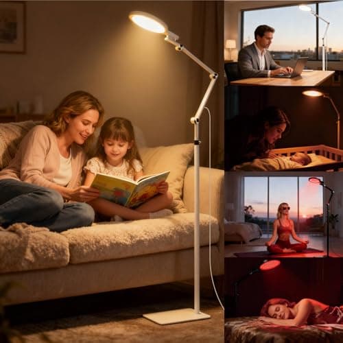 Madewell Living 2-in-1 Red & White Light Floor Lamp, 670nm Red Light & 12000 Lux Full Spectrum Daylight Lamp, Remote Timer, Eye-Safe UV-Free, 9 Colors 10 Brightness for Bedroom Home Office
