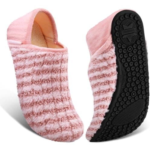 ATHMILE House Slippers for Women Men Indoor Barefoot Slippers Socks Furry Slip on House Shoes Cozy Comfy for Home Bedroom Travel Yoga Women 8-8.5 Pink Striped - Image 1