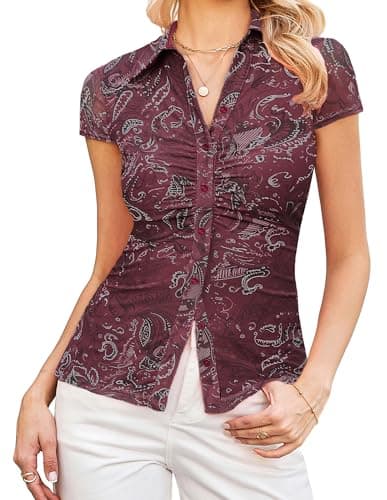 GRACE KARIN Women Mesh Boho Tops Dressy Casual Floral Short Sleeve Button Down Blouse Collared Outfit Burgundy S - Image 1