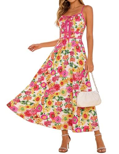 GRACE KARIN 2026 Women's Summer Maxi Floral Dress, Spaghetti Strap Tie Front Boho Sundress with Pockets, Pink Yellow L - Image 1