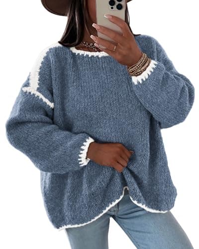 KIRUNDO Womens Sweaters 2026 Fall Oversized Long Sleeve Chunky Knit Crew Neck Contrast Stitching Pullover Winter Clothes(Dusty Blue, Medium) - Image 1