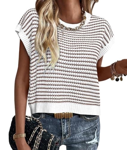 ATHMILE Brown Sweaters for Womens Short Sleeve Spring Summer Striped Round Neck Pullover Cap Sleeve Knit Cute Vest Tops - Image 1