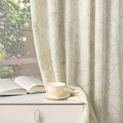 Uqocnh Linen Floral Curtains 84 Inch Length 2 Panels, Flower Light Filtering Sage Green Printed Curtains for Living Room Bedroom, Semi Sheer Curtain Set Print Floral Drapes, 2 Panels - Image 1