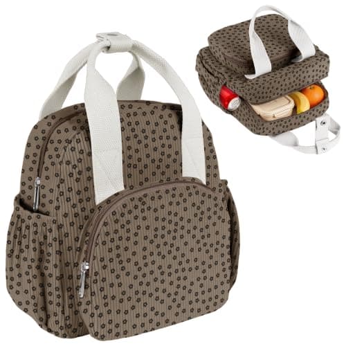 Easozoom Insulated Corduroy Lunch Bag for Teen Girl Kid Women, Large Lunch Box, Reusable Portable Leakproof Lunchbox for School Travel Office Picnic (Flower Brown)