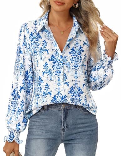 GRACE KARIN Women's Boho Floral Button Down Shirts, 2026 Fall Long Sleeve Blouses, Dressy Casual Fit Vacation Work Tops Blue XXL - Image 1