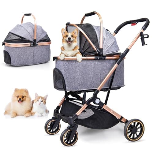 Dog Stroller for Dogs - 3 in 1 Pet Stroller with Detachable Storage Basket 4 All-Terrain Rubber Wheels Pull Rod Durable Travel Carrier for Max 45 lbs Medium Dogs 2 Small Cats