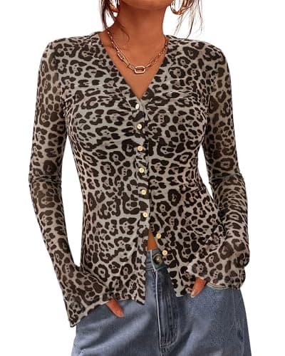 BTFBM Button Down Shirts for Women 2026 Spring Boho Tops V Neck Long Sleeve Blouses Ruched Mesh Fitted Fashion Clothing(Leopard, Small) - Image 1
