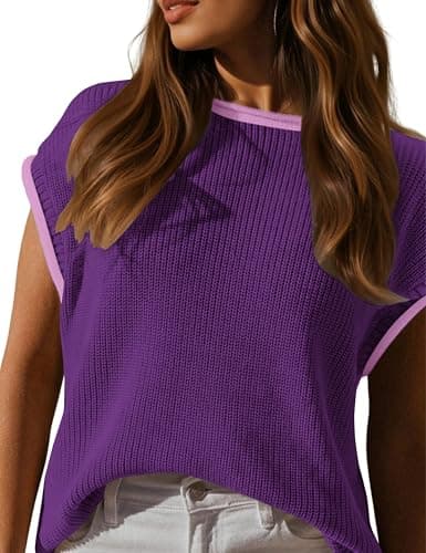 LaGracia Womens Sweater Vest Sleeveless Sweater Tops Spring Tank Tops Crew Neck Cap Sleeve Pullover Sweaters Spring Outfits for Women 2026 Purple L - Image 1