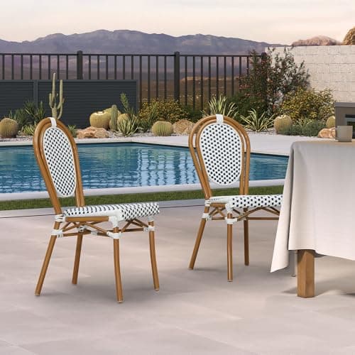 PURPLE LEAF Patio Dining Chair Set of 2 Outdoor French Aluminium Frame in Bamboo Finish with Sky Blue & White Woven Rattan for Indoor Kitchen Deck Bistros Cafe Restaurant - Image 1