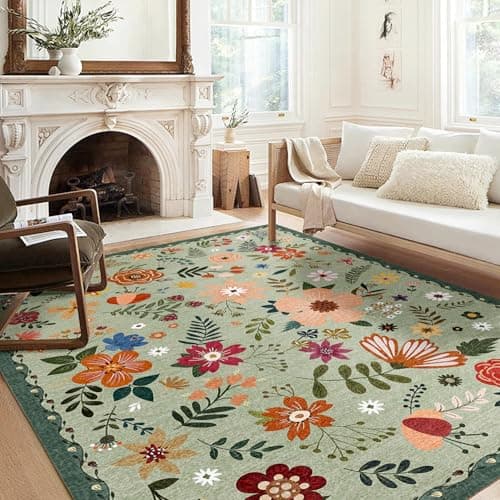 Washable Area Rug, Floral Rug, Large Carpet for Living Room & Bedroom, 9'x 12',Grass Green