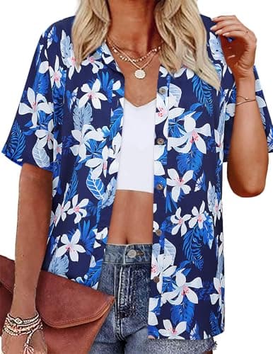 LILYCHIC Hawaiian Shirts for Women Floral Tropical Beach Tops Button Down Short Sleeve Blouses 2025 Hawaii Outfits Blue XL - Image 1