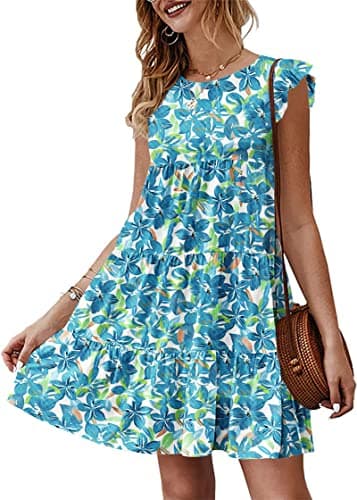 KIRUNDO Women's 2026 Summer Casual Boho Floral Mini Dresses Sleeveless Ruffle Sleeve Round Neck Loose Pleated Babydoll Dress Sundress(Floral3-Blue, Medium) - Image 1