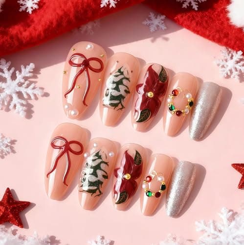 Luxury Christmas Tree Press On Nails, Yacey Reusable Almond Fake Nails, French Tip Acrylic False Nails Press Ons with Bow Designs, 3D Glossy Christmas Glue on Nails for Women Girls 24Pcs/12 Sizes - Image 1