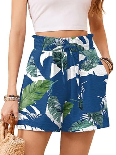 KORSIS Women Shorts High Waist Elastic Summer Lounge Casual Beach Vacation Work Loose Trousers with Pockets Blue Tropical Leaves S - Image 1