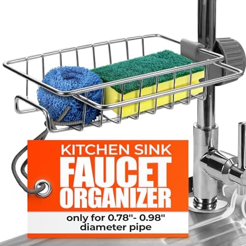 Faucet Sponge Holder for Kitchen Sink - Fits for 0.78"-0.98" Diameter Pipe Stylish Kitchen Sink Faucet Organizer, Stainless Steel, Rust-Resistant, 360° Rotating Design for Soap, Scrubbers, Bathroom - Image 1