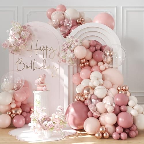 Dusty Rose Balloon Arch Kit, 126Pcs Dusty Pastel Pink Blush Sand White Rose Gold Clear Balloons for Mothers Day Wedding Baby Shower Bridal Shower Birthday Party Decorations