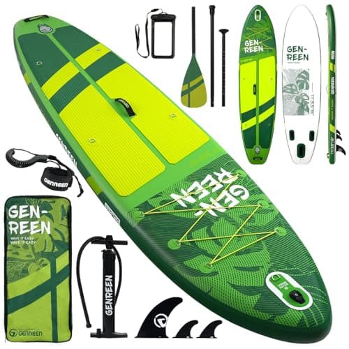 Genreen Inflatable Stand Up Paddle Board 11'33"6" 400LBS Capacity with 0.5cm EVA Deck, 3 Fins, Quality Inspection5 for Japanese Customers Ultra Stable Paddleboard (Monstera Lawn Green) - Image 1