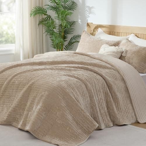 BEDELITE Velvet Quilt Set King Size, Luxury Velvet Comforter for All Season, Lightweight Soft Quilted Bedding Set, Striped Channel Oversized Bedspread Coverlet with 2 Pillow Shams, Taupe - Image 1