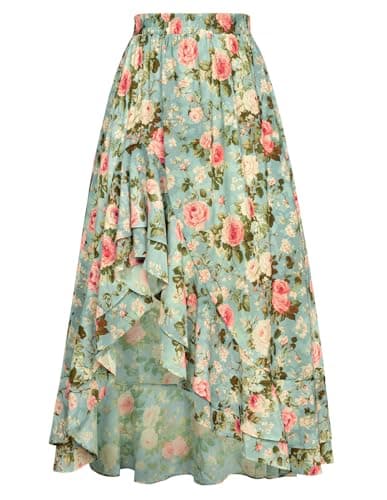 Women's Floral Maxi Skirts High Waist Summer Boho Flowy Ruffle Long Skirt with Pockets Vintage Blue XL - Image 1