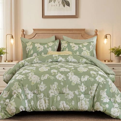 Dinjoy Comforter Set King Size Floral, 7 Piece Sage Green Bedding with Sheet Elegant Bed in a Bag with Botanical Flowers Lightweight Plant Comforters Farmhouse for All Season - Image 1