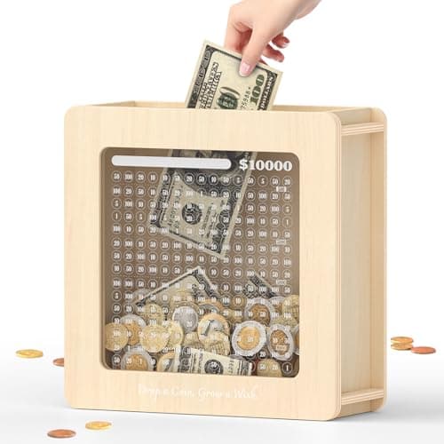 Summidate Wooden Money Saving Box, 10000 Challenge Cash Vault Savings Box with Tracker Stickers and Removable Windows, Reusable Piggy Bank for Adults & Kids, Birthday/Baby Shower/Wedding Gift