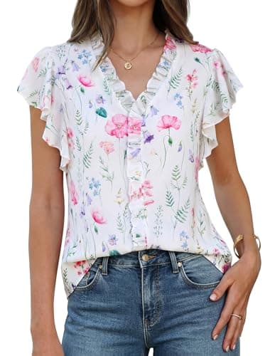 GRACE KARIN 2026 Boho Tops for Women Dressy Casual,Ruffle Sleeve Chiffon Blouses,V Neck Summer Fashion Clothes White Floral S - Image 1