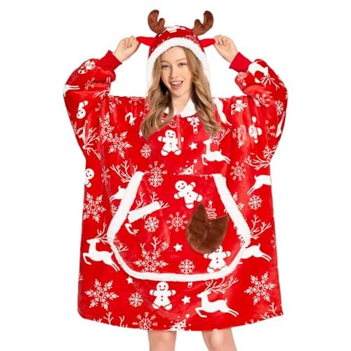 OLAOLA Wearable Blanket Hoodie for Adult, Oversized Animal Hooded Blanket with Pockets & Sleeves, Soft Sherpa Christmas Print Sweatshirt Comfy for Birthday Gifts - Image 1