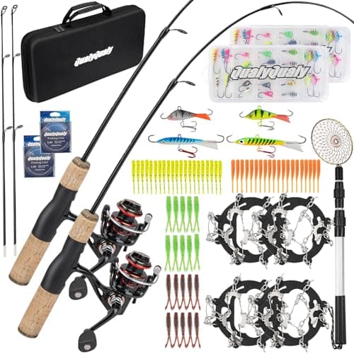 QualyQualy Ice Fishing Rod and Reel Combo, 28'' Ice Fishing Rod Set with Inline Reels Ice Cleat Jig Heads and Fishing Line Ice Fishing Gear Ice Fishing Jig Line (28‘‘ Fishing Combo-2 Packs) - Image 1