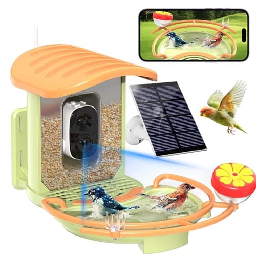 Bird Feeder Camera with AI Bird Recognition, 2K HD Camera Birdfeeder with Bath, Solar Powered Birds Watching with App Control, Color Night Vision, Gift Box Package, Easy Install & Family Sharing