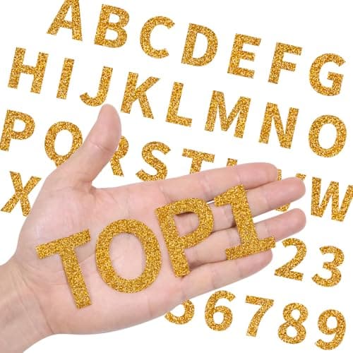WRTUUED 108 Pieces Iron On Letters for Clothing, 3 Sets Gold Glitter Small Heat Transfer Vinyl Letter with A-Z Iron on Numbers 0-9 Alphabet for Fabric Shirts, Jerseys, Bags Designs DIY Crafts - Image 1