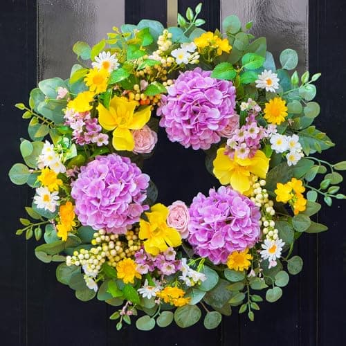 Spring Summer Wreaths for Front Door 24 Inch, Artificial Summer Wreath with Vibrant Hydrangea, Roses, Daisies, Spring Summer Door Wreath for Porch, Mantel, Farmhouse Home Wall Decor - Image 1
