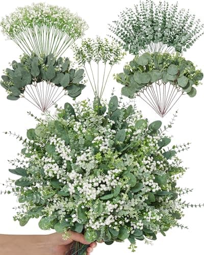 Alecono 5 Kinds Mixed Artificial Greenery Eucalyptus Stems Bulk, Babys Breath Artificial Flowers and Fake Sliver Dollar Leaves for Centerpieces DIY Bouquet Wedding Home Decor(100 Pcs) - Image 1