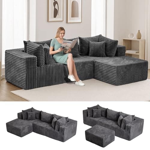 PATAVOT 104 Inch Cloud Couch Sectional,Corduroy Boneless Couches for Living Room,L-Shaped Modular Sectional Sofa with Removable Ottoman and Deep Seat,No Assembly Required,Grey - Image 1