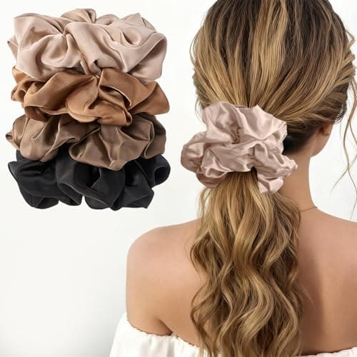 Lolalet Big Satin Scrunchies for Women, 5.9 Inch Large Oversized Scrunchie, Soft Jumbo/Giant Scrunchies Hair Ties for Thick & Curly Hair -4 Pack, Almond/Khaki/Black/Brown - Image 1