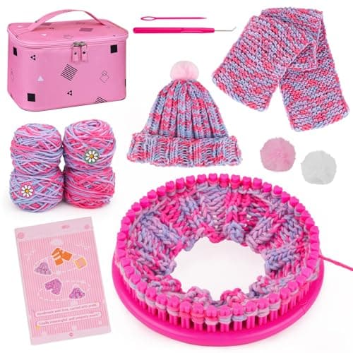 PREBOX Knitting Loom Craft Kit for Kids & Beginners - Create Hat & Scraf with Yarn, Hook Needle, Birthday Gifts Ideas for Teens Girls Age 6-8 8-12 14+, Rose Loom - Image 1