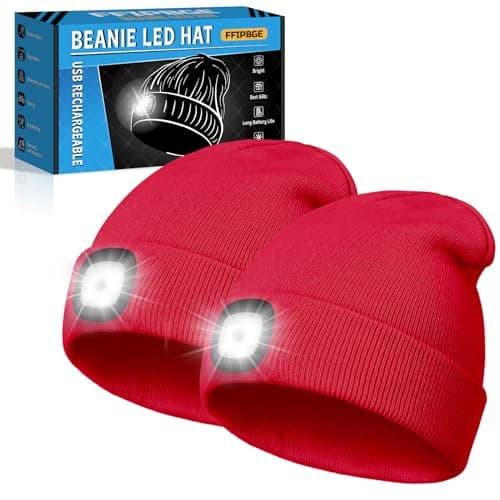 FFIPBGE Beanie Hats with Light, USB Rechargeable LED Hand Free Headlamp, Ideal for Camping, Hiking, Mens Gifts, Birthday Gifts for Men, Women, Dad, Him, Husband, Adventurer, 2 Pack, Red - Image 1