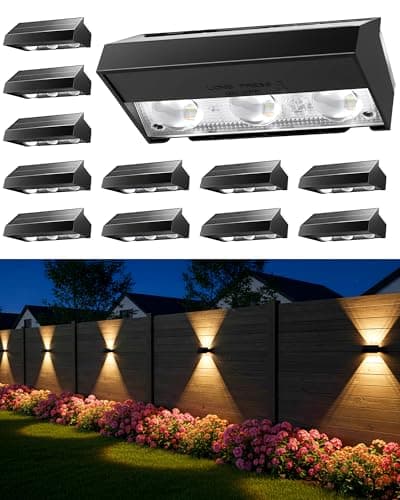 Solar Fence Lights Outdoor Waterproof 12 Pack, 3 Modes (3000K/4500K/6000K), 6 LEDs Up and Down Fence Lights Solar Powered for Outside, Deck Lighting for for Backyard/Garden/Patio/Garage Wall Decor - Image 1