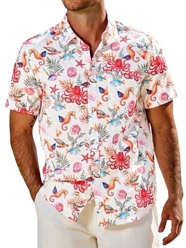 JEMLDL Men's Hawaiian Short Sleeve Button Down Shirt Wrinkle-Free Lightweight Clothing Tropical Printed Beach Party Beige Coral Red Medium - Image 1
