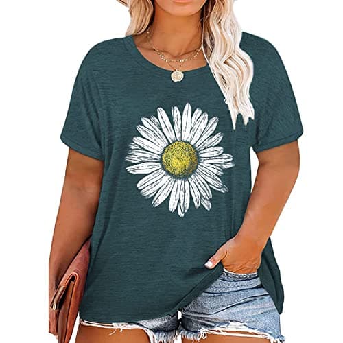 Binshre Plus Size Tops for Women Summer Sunflowe Graphic Tees Cute Print Loose Fit Flower Short Sleeve Crew Neck T Shirts - Image 1