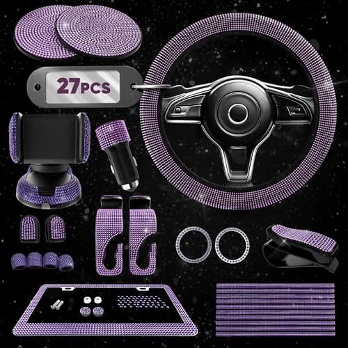 Purple Car Accessories Set, 27 Pieces – Bling Car Accessories for Women, Steering Wheel Cover, Rearview Mirror, Air Vent, Dashboard and Console Rhinestone Decor - Universal Fit Interior Styling Kit - Image 1