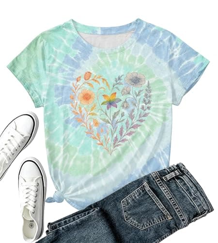 Boho Wildflower Shirt for Women-Casual Cottagecore Tie Dye Short Sleeve Rainbow Floral Heart Shirt Women - Image 1