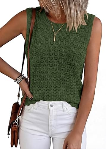 KIRUNDO Crochet Tops for Women 2026 Spring Summer Sleeveless Sweater Vest Tank Top Knit Pullover Beach Vacation Outfits (Army Green, X-Large) - Image 1