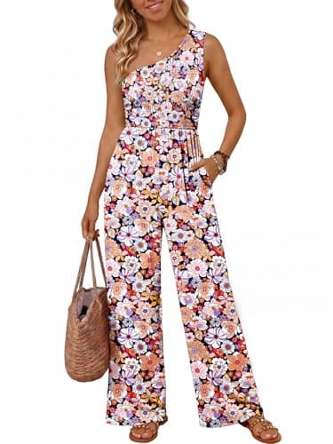 LILLUSORY Women's Floral Jumpsuit Off Shoulder Wide Leg Boho Romper, Summer Beach Casual Outfit for Vacation Party Purple M - Image 1
