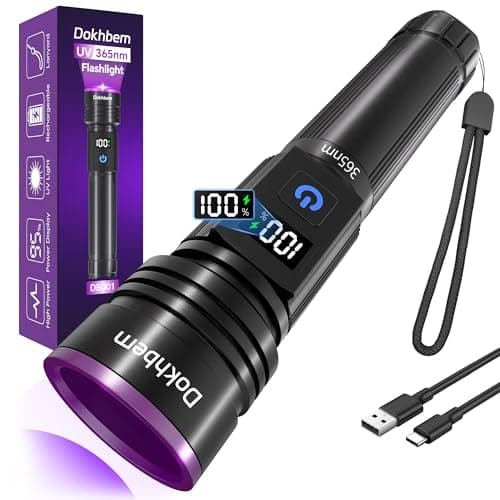 Dokhbem 365nm UV Flashlight Rechargeable, Black Light Flashlight with LCD Display, Powerful Ultraviolet Lights for Pet Urine Detection, Resin Curing, Rockhounding, Scorpion, Uranium Glass, A/CLeak - Image 1