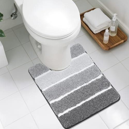 COSY HOMEER Toilet Rugs U-Shaped 24"x20", Ultra Soft Absorbent Bath Mat with Non-Slip TPR Backing, Machine Washable Shaggy Rug for Toilet, Grey & White